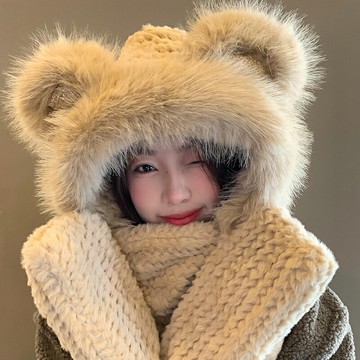 小熊帽子圍巾手套一體三件套女冬季可愛保暖護耳防寒毛絨雷鋒帽子 雙11全館免運