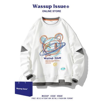 WASSUP ISSUE潮牌假兩件衛衣男士春季新款寬松圓領線條熊印花上衣