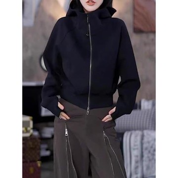 歐貨洋氣寬松連帽衛衣秋冬新款時尚復古減齡百搭外套拉鏈開衫上衣