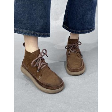 藝鞜2025秋新款真皮手工復古棉麻風平底馬丁靴短筒低跟圓頭女單鞋