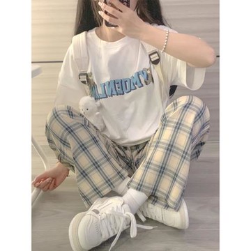時尚休閑格子闊腿褲套裝女夏季小個子鹽系穿搭短袖t恤長褲兩件套