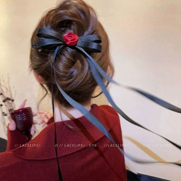 臺灣發貨>芭蕾風玫瑰蝴蝶結飄帶扭扭夾女高級感後腦勺盤髮夾子頭飾新款抓夾XMP