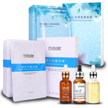 Hybolar全效合一組 美白 保濕 精華液 面膜 玻尿酸精華液 杏仁酸換膚露 魚子萊姆精華 潤白水嫩面膜 水漾保濕面膜