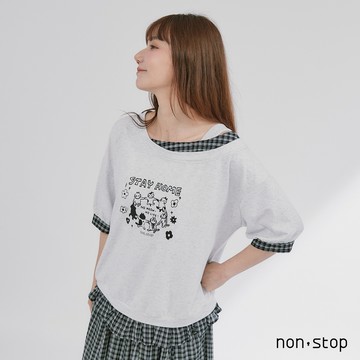 non-stop 斜肩假兩件格紋拼接T恤-2色