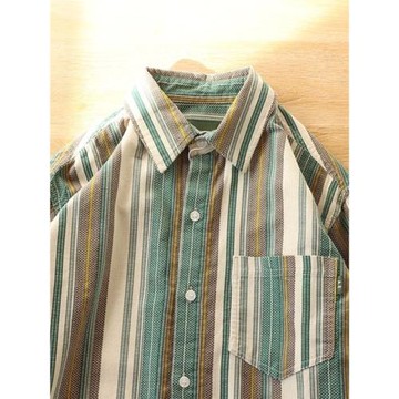 秋季日系復古男士工裝襯衫條紋提花純棉撞色寬松百搭長袖襯衣外套