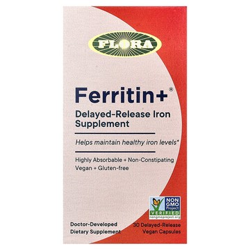 Flora, 鐵蛋白+®，30 粒緩釋全素膠囊（每粒膠囊 20 毫克）