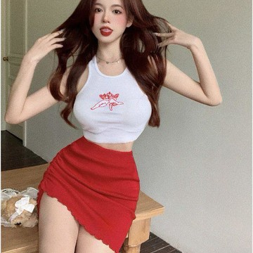 時尚套裝甜辣妹純欲掛脖吊帶小背心女裝夏季高腰綁帶短裙子兩件套011715