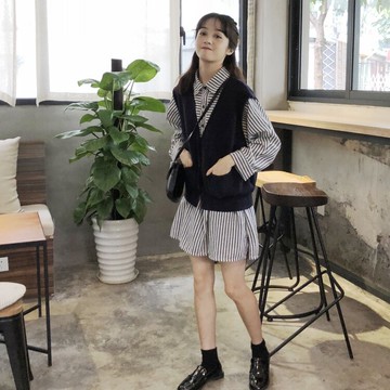 秋裝復古chic條紋拼接長袖襯衫裙女寬松中長款連衣裙休閑短裙1入