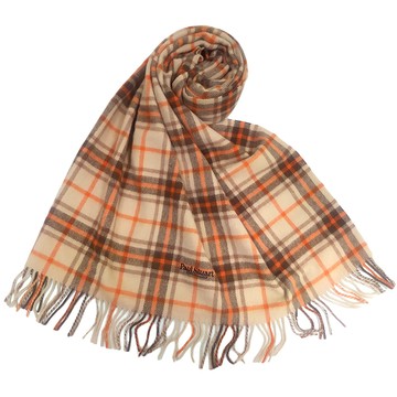 PAUL STUART經典蘇格蘭格紋羊毛流蘇披肩圍巾(橘紅)989907｜GoBrand購名牌