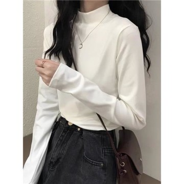 白色半高領立領雙面德絨內搭打底衫女秋季加厚磨毛長袖t恤上衣