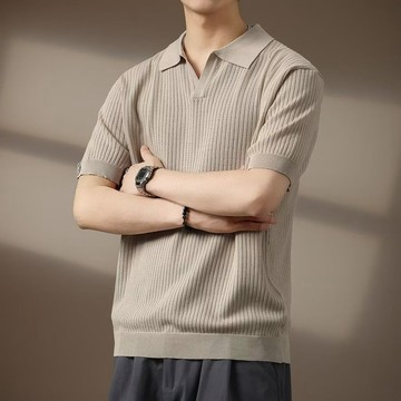 夏季極簡清新帶彈針織t恤素色天絲緊身休閒潮翻領男polo衫