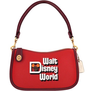 COACH 專櫃款Disney紅色真皮LOGO烙印旋釦肩背包