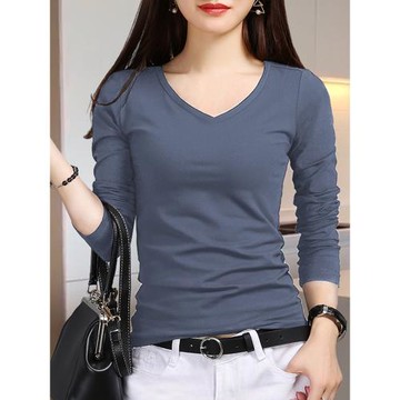 藍色長袖上衣女莫代爾打底小衫女內搭春秋薄款2026新款修身V領T恤