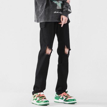 黑色直筒牛仔褲男春秋破洞修身小腳褲子美式高街vibe潮牌休閑長褲