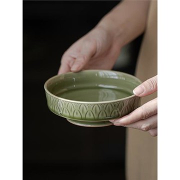 中式復古艾草青瓷陶瓷壺承半刀泥蓮瓣紋茶壺蓋碗底托干泡盤茶點盤