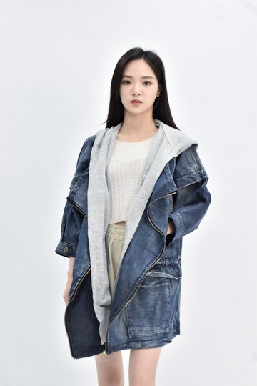 (L) 牛仔假兩件連帽藍色外套