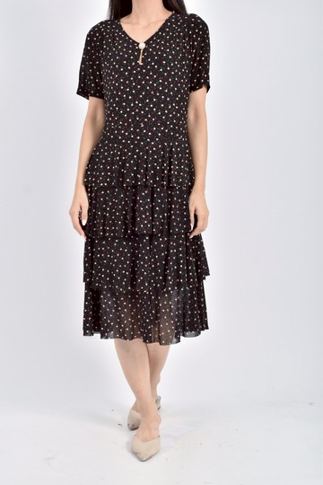 (M) 質感珍珠裝飾點點短袖黑色洋裝