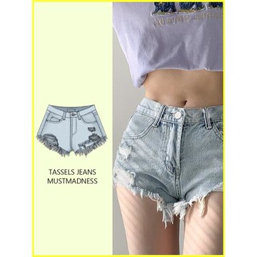美式辣妹小個子破洞毛邊流蘇低腰牛仔短褲女夏季性感包臀水洗熱褲