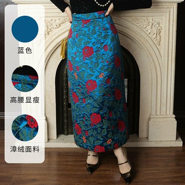 新中式半身裙漳絨面料藍色高級感A版裙子百搭貴氣半裙秋冬新款裙