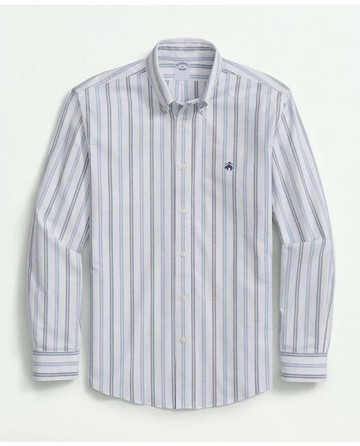 Brooks Brothers Men's Stretch Non-Iron Oxford Polo Button Down Collar, Double Striped Shirt | Blue | Size XS