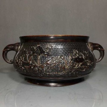 老件紫銅浮雕高10.5*26*15公分4.8公斤荷塘蓮花吉祥如意香爐擺件