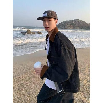 輕熟風美式復古多口袋工裝牛仔夾克男 寬鬆長袖高級感外套男