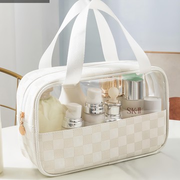 iSFun 高雅格紋 PVC半透視手提防水化妝包 中號 白色 時尚化妝收納  1個