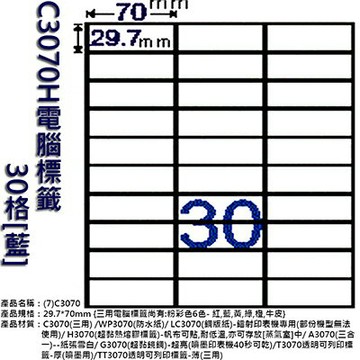 【文具通】C3070S電腦標籤30格[藍] ASC3070S【APP滿額下單4%點數(單一帳號最高1000點)】7/31止