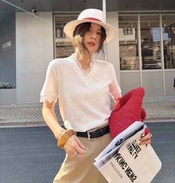 Vivilian韓國簡約蕾絲拼接V領上衣