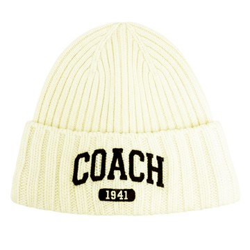 【COACH】刺繡字母LOGO 100%羊毛毛帽(米白)