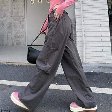 甜酷風辣妹美式工裝褲女裝寬鬆設計感小衆休閒闊腿灰色褲子ins潮