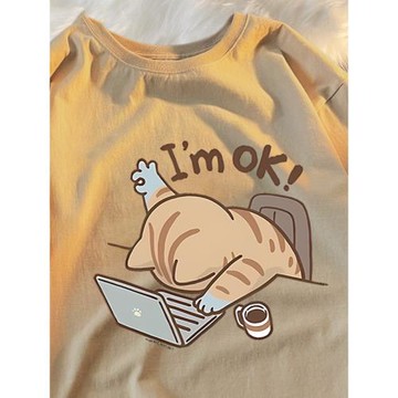 純棉短袖t恤男女夏季新款imok工作貓咪寬松大碼學生ins小眾上衣服