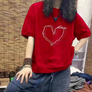 短袖t恤女夏季寬松100%純棉新款卡通印花美式上衣半袖 大尺碼女裝 短袖上衣 氣質上衣 設計感上衣 韓版上衣