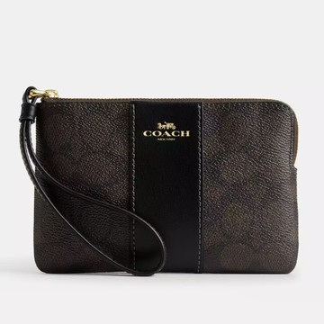 COACH 經典LOGO單層手拿包 防刮老花PVC塗層帆錢布 L型拉鍊 零包 手機包 手拿包 CW854 深咖啡色(現貨)▶指定Outlet商品5折起☆現貨【送禮首選★APP下單點數4倍送】