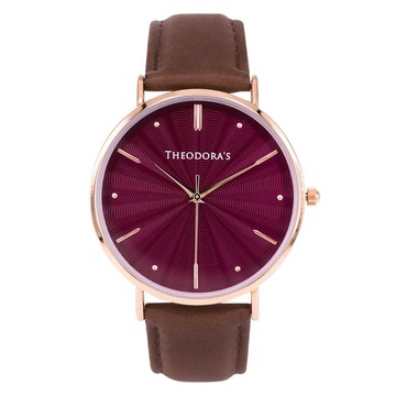 Tethys 經典水波紋真皮腕錶  水波紫紅-真皮深棕