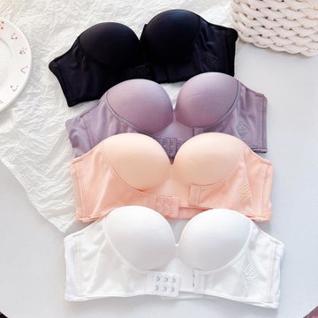 爆款QQ糖無肩帶內衣女隱形防滑小胸性感加厚聚攏前扣一字肩文胸罩