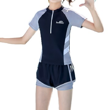 Sunshiny 女童短袖分體拉鍊泳衣  XL  黑色