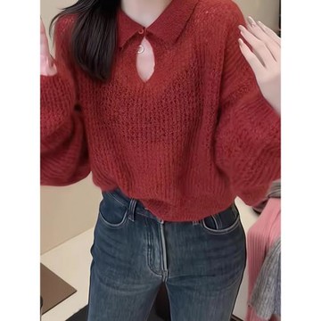 新年紅韓版polo領長袖套頭毛衣別致小眾紐扣設計感休閑減齡上衣女