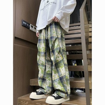 限時優惠 潮流格子寬鬆長褲 格子褲子男夏季薄款寬鬆直筒休閒美式復古潮流百搭扎染設計長褲