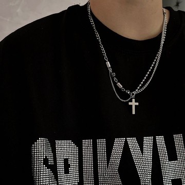 鈦鋼項鍊 多面黑膽十字吊墜雙層設計項鍊輕奢百搭情侶小衆個性ins