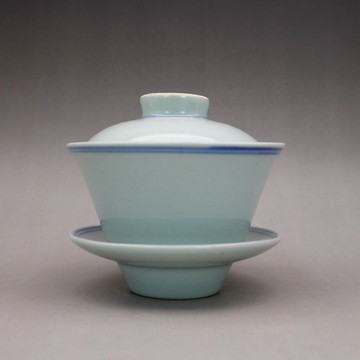晚清民窯青白釉青花雙圈蓋碗 蓋杯三才碗 古玩古董陶瓷器仿古茶具