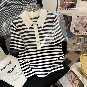 質感滿滿~2026夏季新款POLO領條紋針織衫短袖冰絲氣質顯瘦女裝T恤