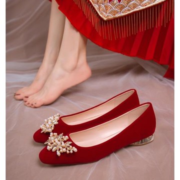 秀戀歌婚鞋女2025新款平底孕婦不累腳酒紅色秀禾婚紗兩穿新娘單鞋