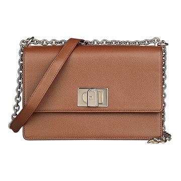 Furla 1927系列金屬拱門轉扣LOGO鏈帶斜背包(小/白蘭地褐)