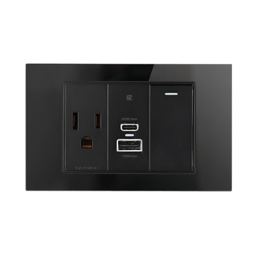 易智快充 30W USB快充插座面板 AC+USB+開關玻璃透黑
