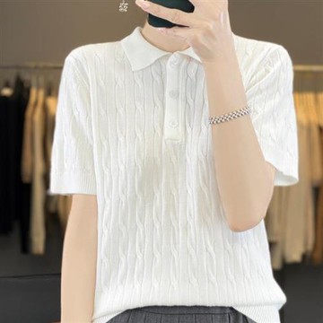 【米蘭精品】現貨+預購針織衫短袖毛衣-休閒POLO衫天絲麻花女上衣2色74lc61