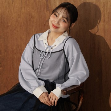 假兩件雲朵棉翻領綁帶上衣