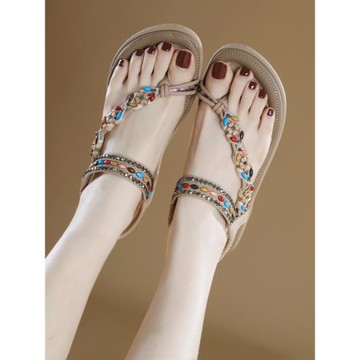 夾趾涼鞋外穿女2025夏季新款波西米亞水鉆防滑度假沙灘平底涼拖鞋