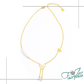 iSFairytale伊飾童話 甜美愛心 雙珍珠流蘇鈦鋼項鍊