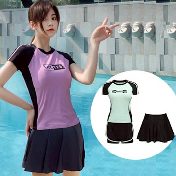 Biki.泳衣M-4L波札英字短袖泳裙三件式泳裝